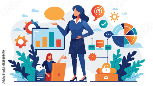 Business professionals collaborating on data analysis and strategy with charts and icons