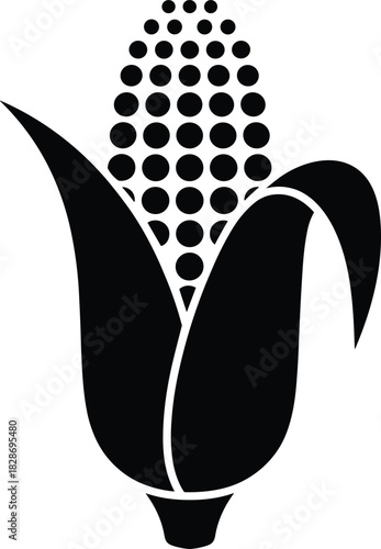 Simple black silhouette of a corn cob with leaves and kernels