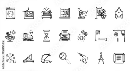 Vintage Tech Icons: A Collection of Mechanical  Scientific Instruments in Outline Style
