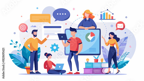 Diverse team collaborating on a project using laptops and digital displays with charts and graphs