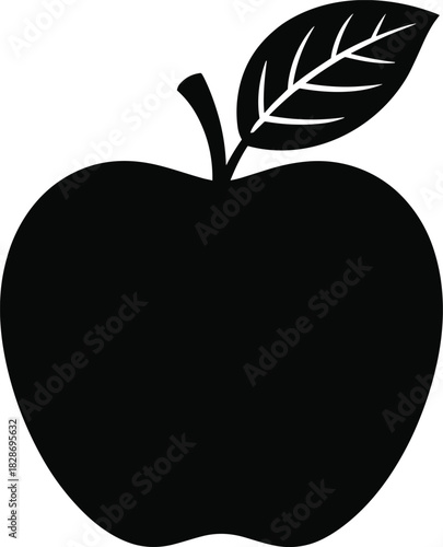 Simple black silhouette of a fresh apple with a stem and leaf