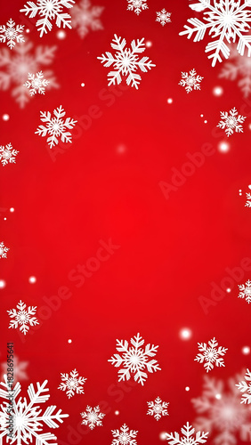 A festive red Christmas background with a border of white falling snowflakes creating a vertical frame.