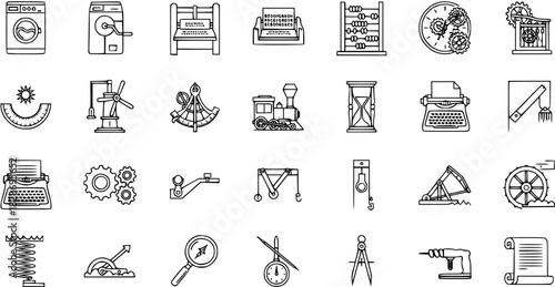 Collection of Retro Mechanical Icons: Engineering, Science  History Line Art