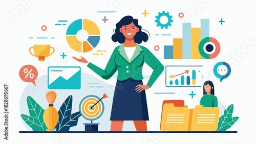 Businesswoman presenting growth charts and financial data with success symbols