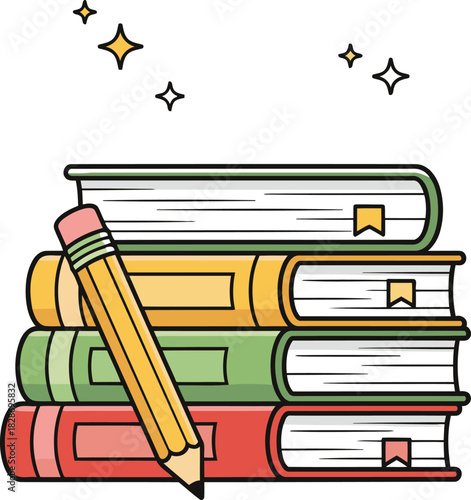 Cute colorful stack of school books with a pencil ready for education and learning designs