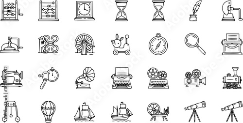 Retro Objects Line Art Icon Set: Abacus, Clock, Hourglass, Pen, Typewriter, Sewing Machine, Phonograph, Telescope, etc.