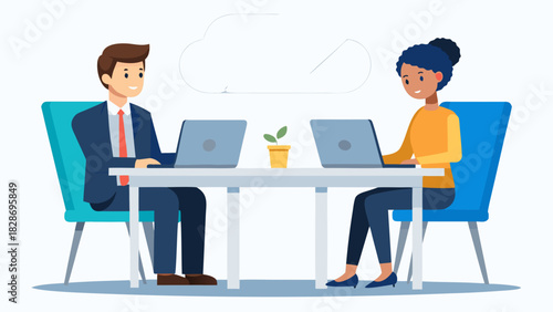 Two diverse professionals collaborating and working on laptops at a table with a cloud symbol above them