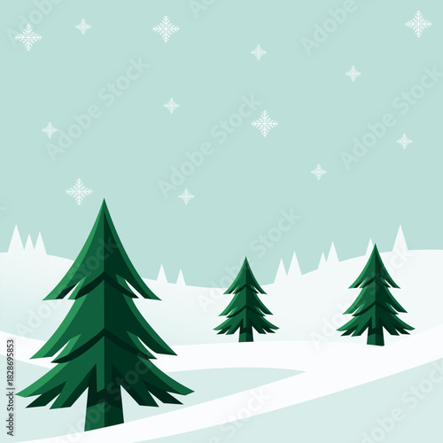 Winter scene with stylized evergreen trees in a snowy landscape under a sky with falling snowflakes.