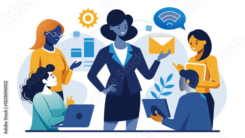 Diverse team of professionals collaborating on a project with digital communication and data visualization elements