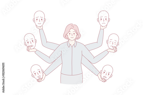 Businesswoman holding different masks choose moods and emotions in office. Woman feel emotional. Liar or bipolar disorder. Flat vector illustration.
