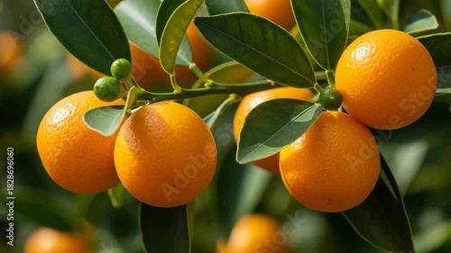 Lush orange orchard swaying in gentle breeze  closeup citrus growth