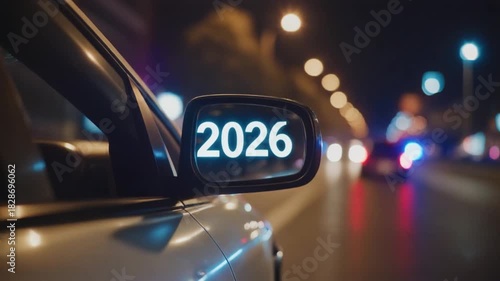 A car's side mirror displays the year 2026 with a futuristic glowing effect at night.