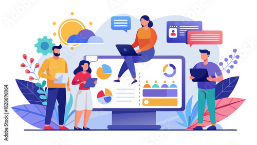 Diverse team collaborating on digital project with charts and data on screen