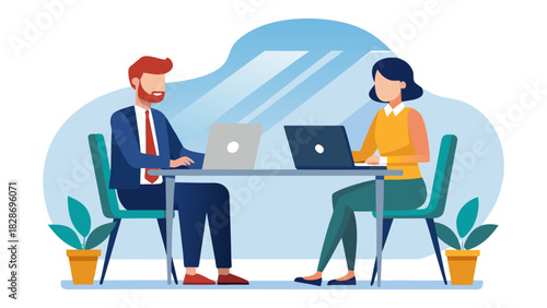Two diverse business professionals collaborating on laptops at a modern office desk with plants
