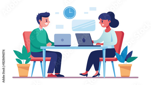 Two smiling colleagues working together at a desk with laptops and plants