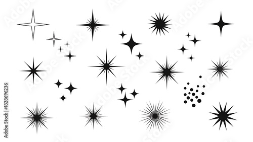 Diverse collection of black star and sparkle vector icons, perfect for adding light effects, magic, and festive decoration to designs