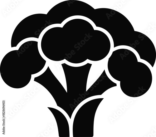 Simple black silhouette of a fresh broccoli florets and stem