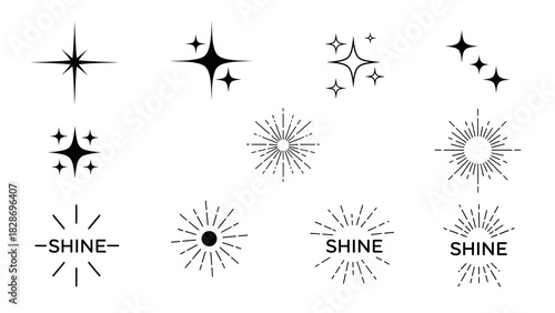 Shine sparkle effect icons set. collection of various radiant starbursts, gleam, glitter, and bright light symbols for design elements.
