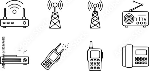 Connectivity Icons: Router, Towers, Radio, Walkie-Talkies  Phone - Black  White Outline