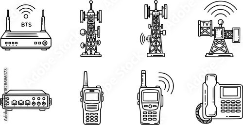 Telecom Icons: Router, Cell Tower, Radio, Phone Line Art
