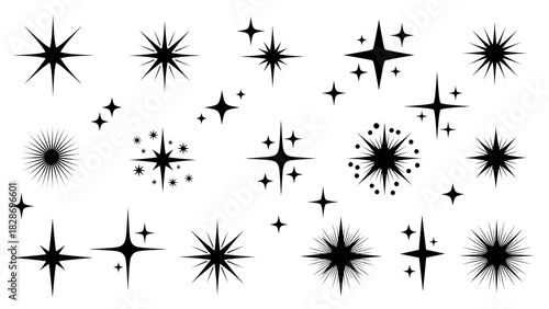 Diverse set of shining starbursts, twinkles, and sparkle graphic elements perfect for festive designs, celebrations, and glowing effects