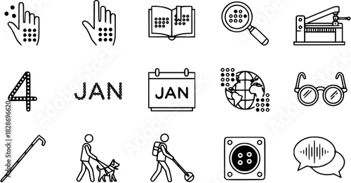 World Braille Day line icon set. Symbols for blindness, visual impairment, and accessibility, including Braille alphabet, guide dog, and white cane.