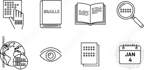 Braille Line Art Icons Set for Visually Impaired: Tactile Reading, Global Accessibility, World Braille Day, Education, and Communication Symbols