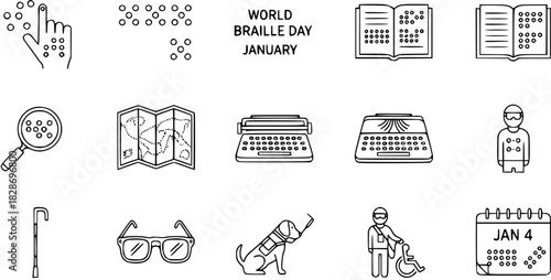 World Braille Day Icon Set: Reading, Writing, Accessibility, and Independence for the Visually Impaired