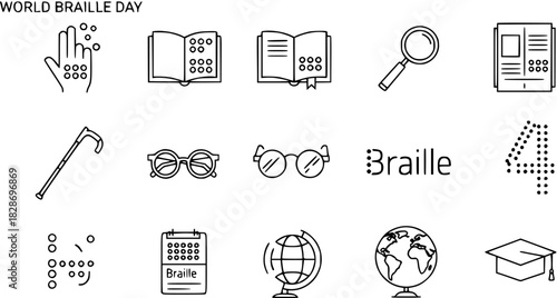 World Braille Day Icons Set: Blindness Awareness, Education  Accessibility Symbol Collection in Outline Style