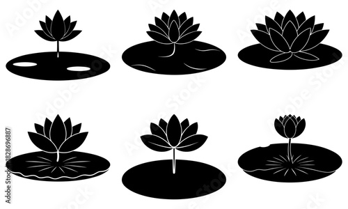 Elegant water lily silhouette set, perfect for nature-themed designs, serene branding, spa logos, or peaceful wellness products. A touch of zen for any project.