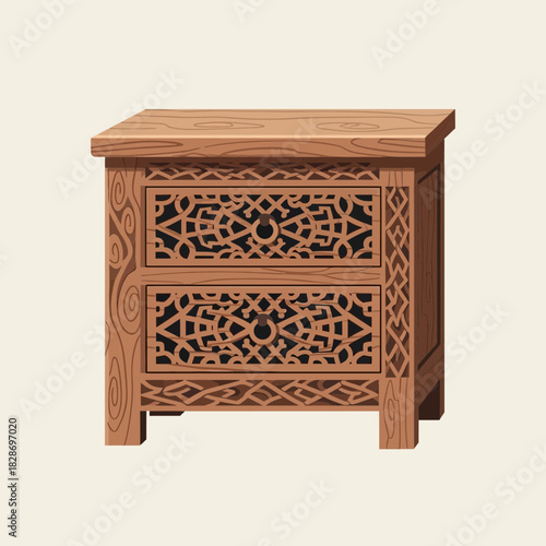 Artistic wooden nightstand with intricate carvings for bedroom furnishing