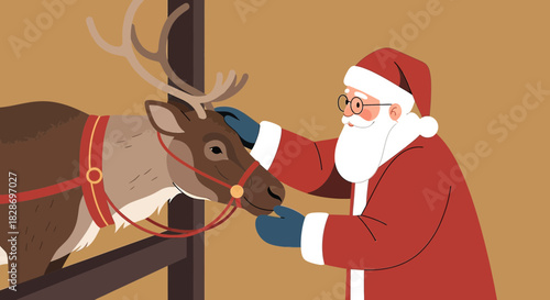 Santa showing affection to his reindeer, a moment of peace and connection before christmas eve magic