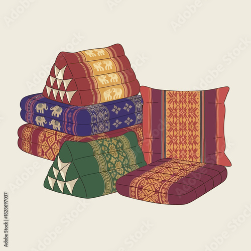 Assortment of traditional thai cushions and mattresses arranged together