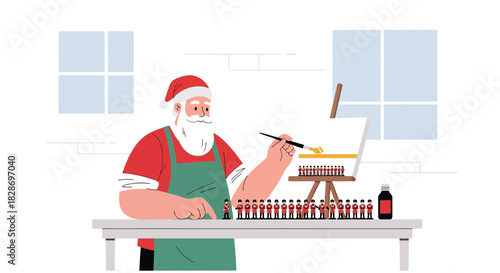 Santa's artistic pastime illustrating toy soldiers on canvas in a brightly lit room