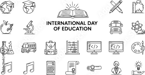 International Day of Education concept with diverse educational line art icons on white background.