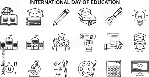 International Day of Education Line Art Icon Set: Books, Graduation Caps, Science  Math Symbols