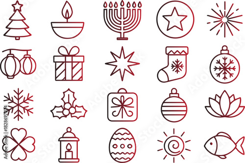Collection of twenty black line art holiday and celebration icons including christmas tree menorah star stocking ornament snowflake gift box lantern egg sun flower and fish isolated on white backdrop