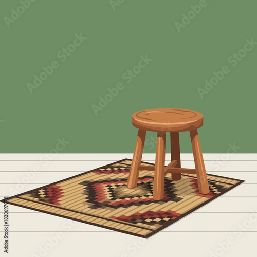 Cartoon illustration of a wooden stool on an ornate rug in a minimalist scene