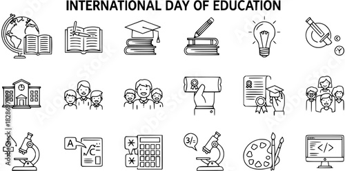 International Day of Education: Symbolic Line Art Icons
