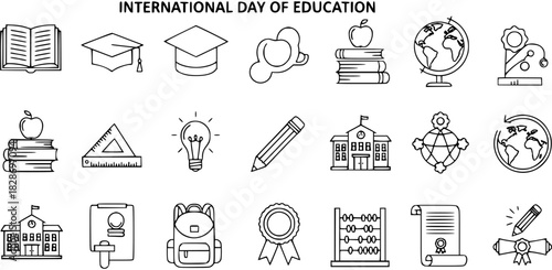 International Day of Education Vector Illustration: School, Globe, Book, and Learning Icons