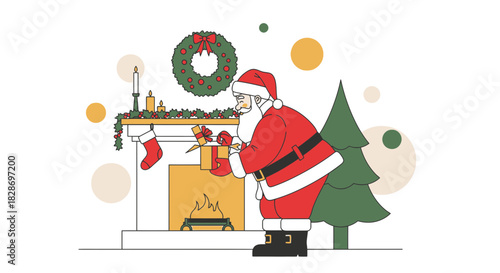 Santa's traditional christmas eve delivering gifts around the fireplace and christmas tree