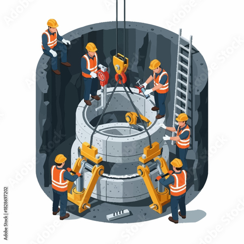 Construction Workers Assembling Concrete Rings in a Shaft.