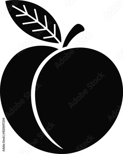 Simple black silhouette of a peach with a stem and leaf