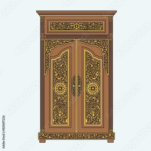 Detailed wooden closet featuring ornate carvings and warm, earthy tones