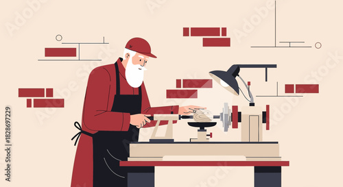 Senior craftsman in his workshop turning wood with precision and dedication on the lathe