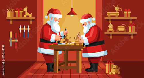 Santa's workshop scene featuring two Santa Claus figures crafting wooden toys together with care