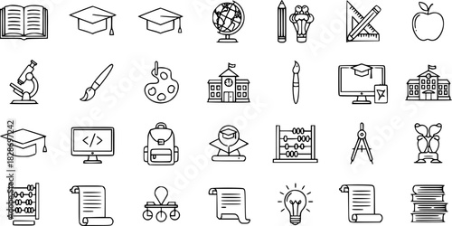 Education Icons Set: School, Learning, and Academic Tools Line Art
