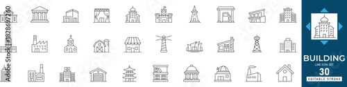 building icon set featuring architecture, construction, real estate, structures, post, school, library, hospital, government, urban, planning, and property development visuals.