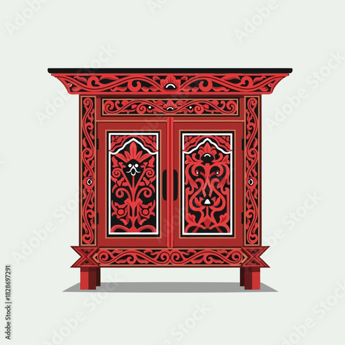 Exquisite traditional dayak styled cupboard adorned with intricate red patterns
