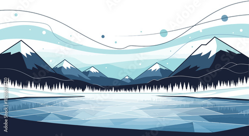 Serene mountain landscape illustration with frozen lake and minimalist design elements